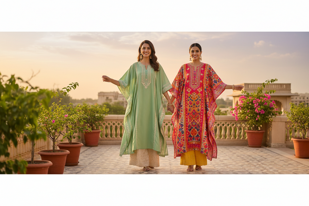 Pistachio green embroidered pure cotton kaftan kurta with cream embroidered palazzo — women's free size co-ord set