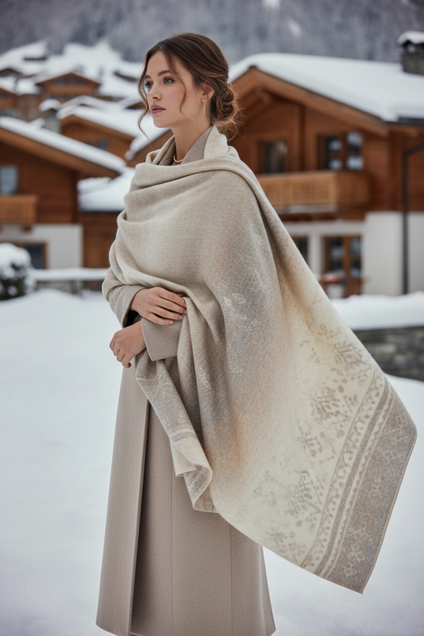 Woman wearing a luxurious high-quality Pashmina shawl showcasing fine wool texture, elegant craftsmanship, and premium winter fashion styling.