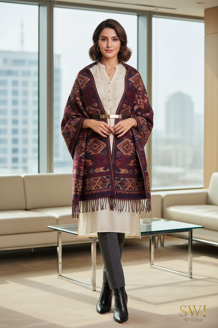 Professional Indian woman wearing a sophisticated neutral wool shawl with a formal office outfit in a modern workplace.