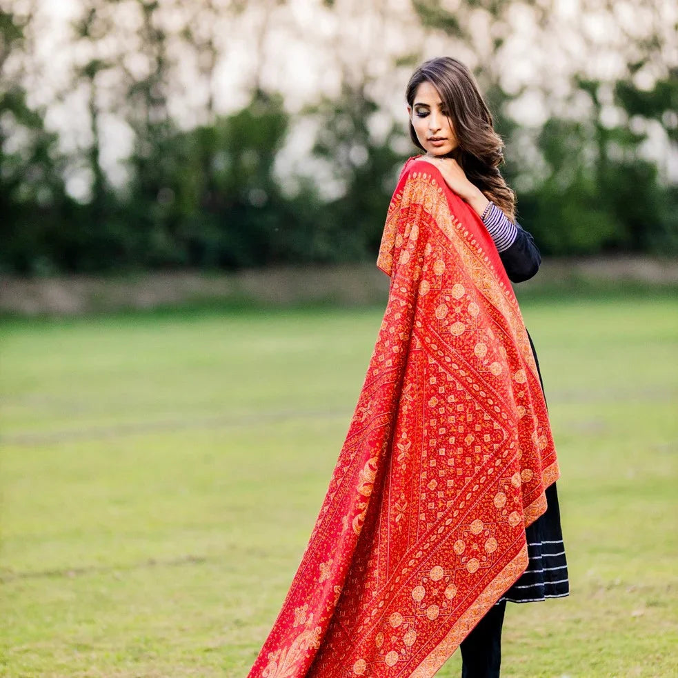 Woman outdoors wearing a Kashmiri shawl with vibrant floral embroidery and beige base