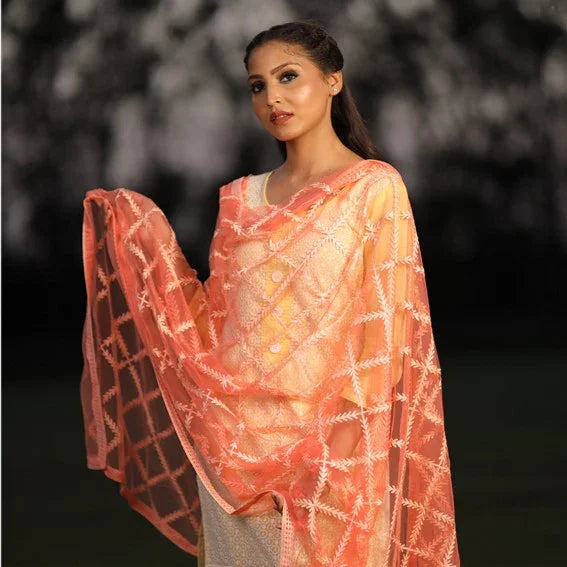 Woman outdoors wearing a Kashmiri shawl with vibrant floral embroidery and beige base