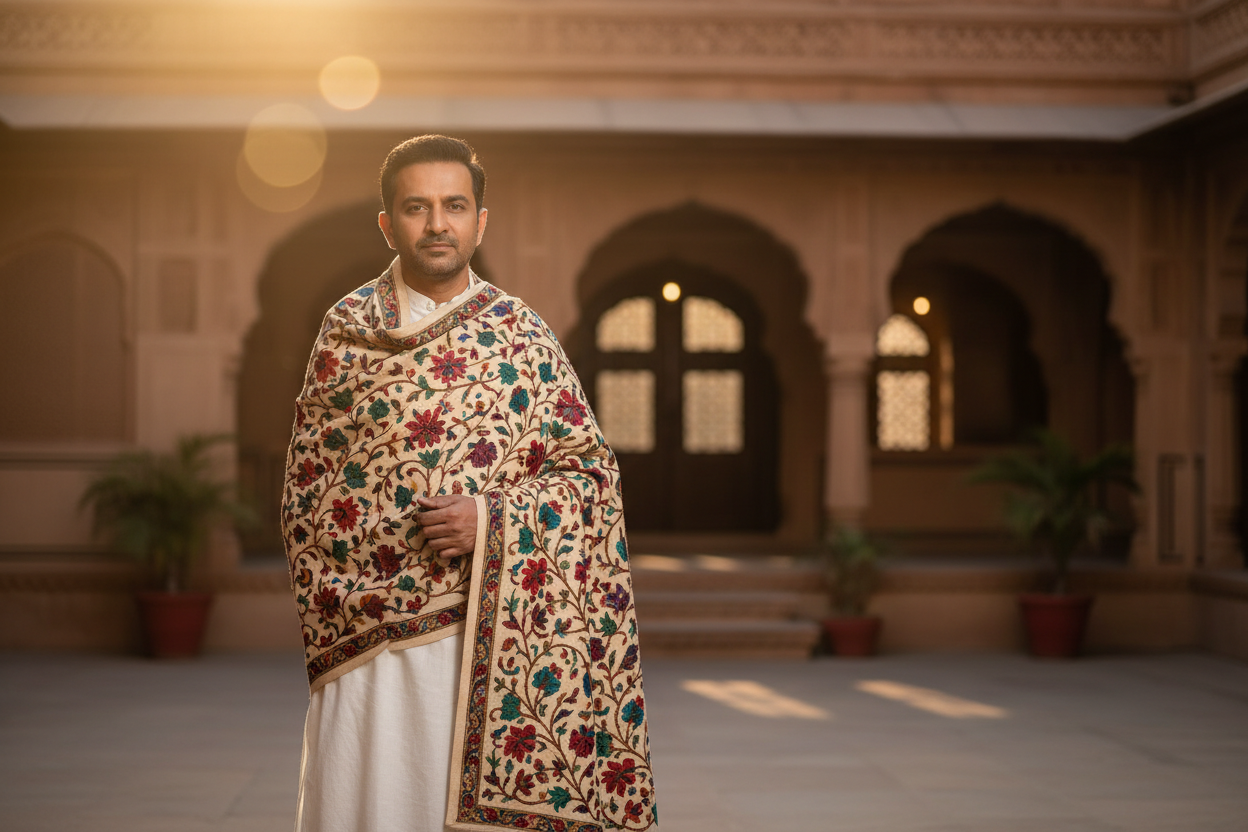 Indian man wearing cream Kashmiri embroidered wool shawl, traditional courtyard, golden lighting, ethnic fashion photography, wide banner