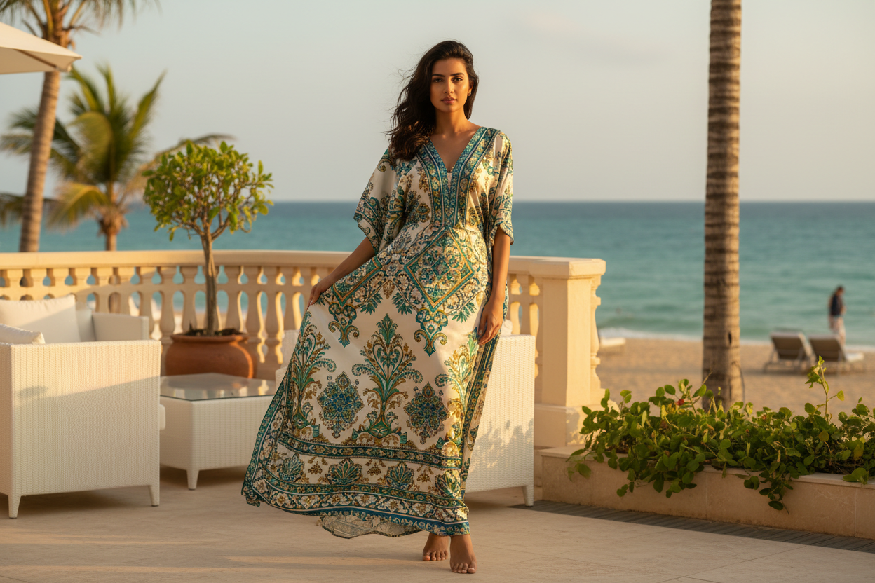 Woman in a red Kashmiri kaftan with floral embroidery, standing against a plain background