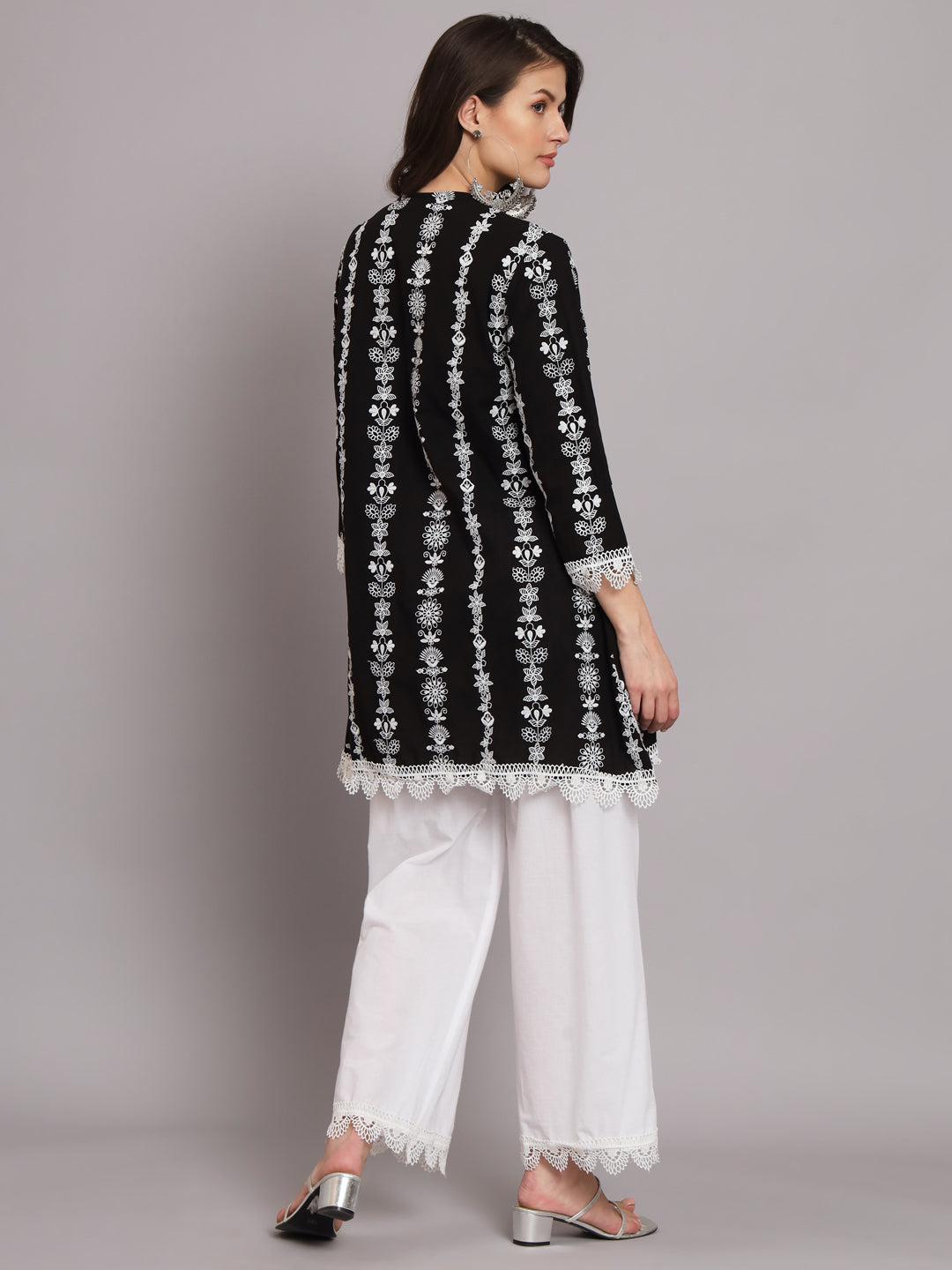 Women's Black Kurti with Threadwork Embedded with Embroidered Elastisized White Palazzo