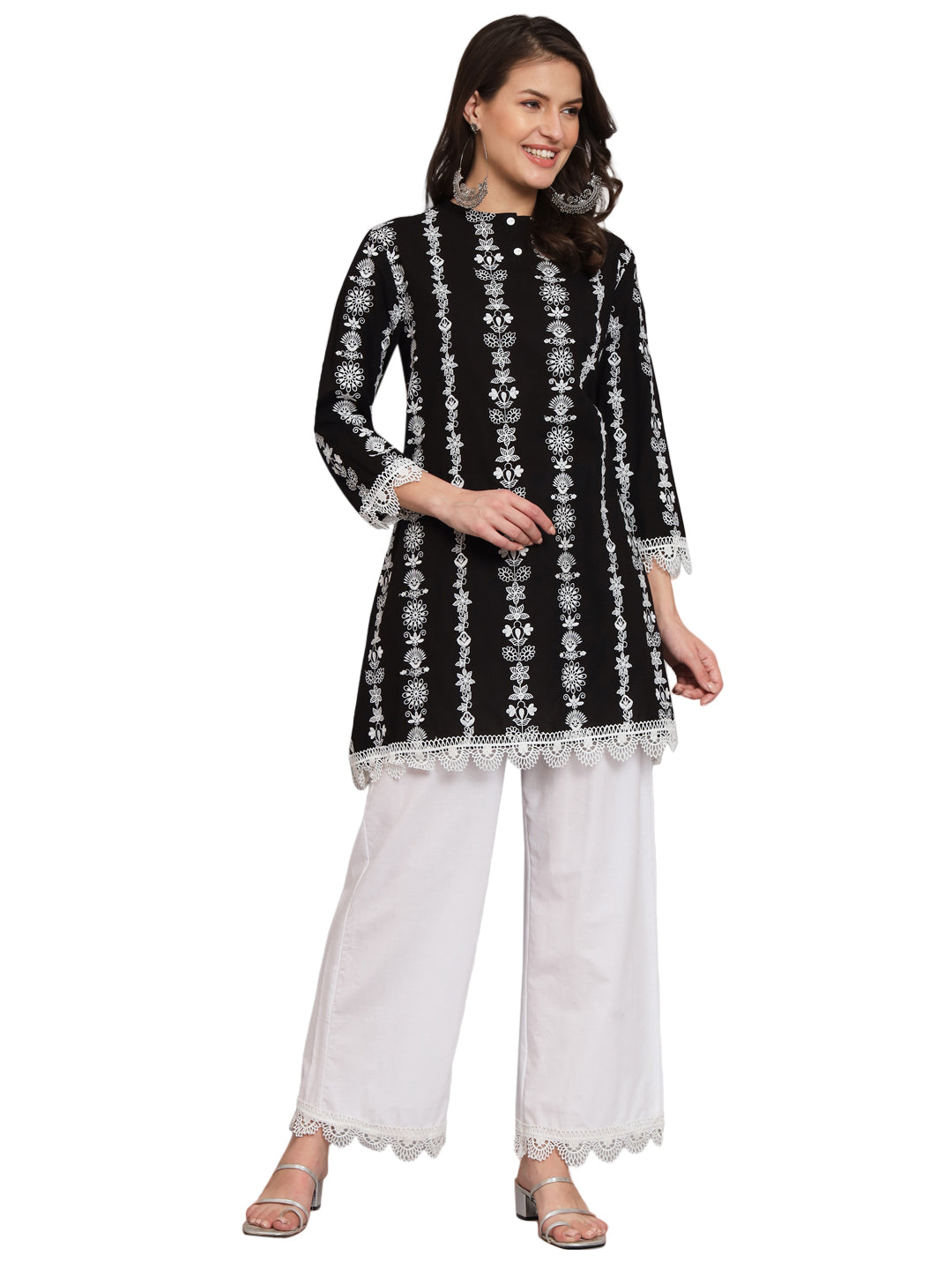 Women's Black Kurti with Threadwork Embedded with Embroidered Elastisized White Palazzo