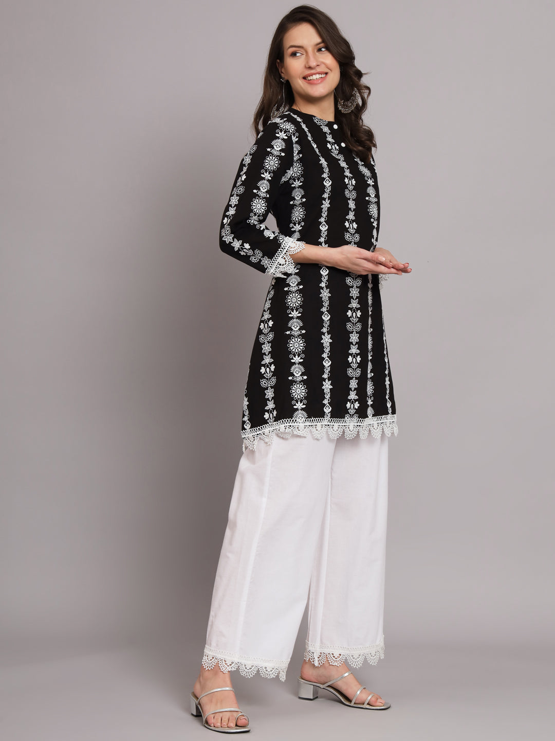 Women's Black Kurti with Threadwork Embedded with Embroidered Elastisized White Palazzo