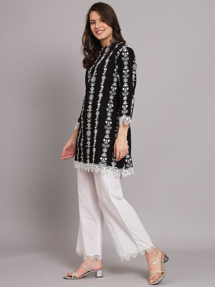 Women's Black Kurti with Threadwork Embedded with Embroidered Elastisized White Palazzo