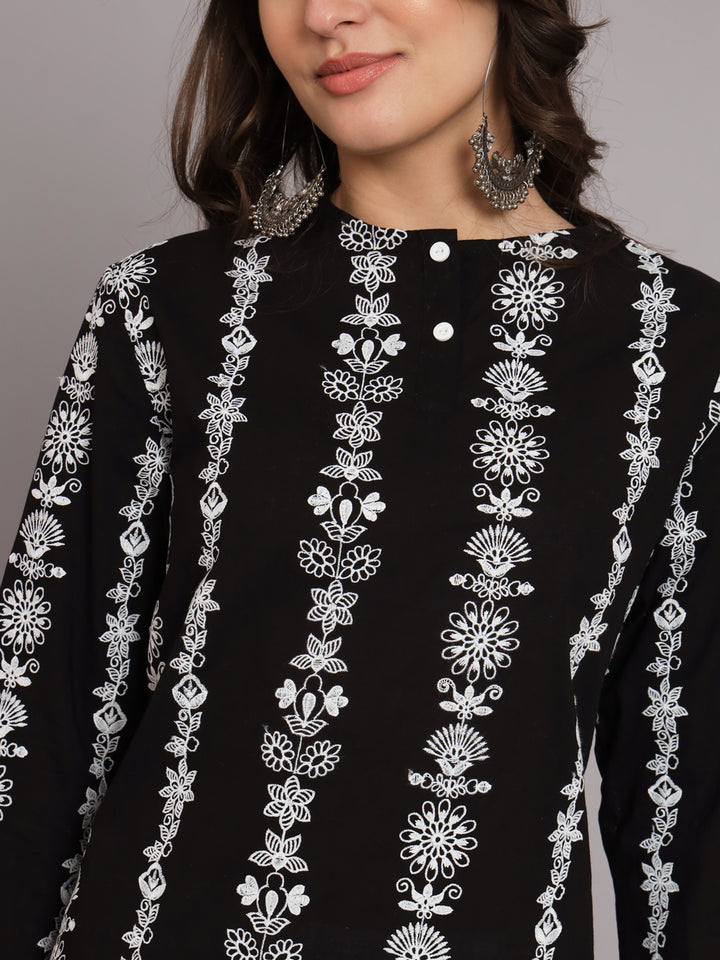 Women's Black Kurti with Threadwork Embedded with Embroidered Elastisized White Palazzo
