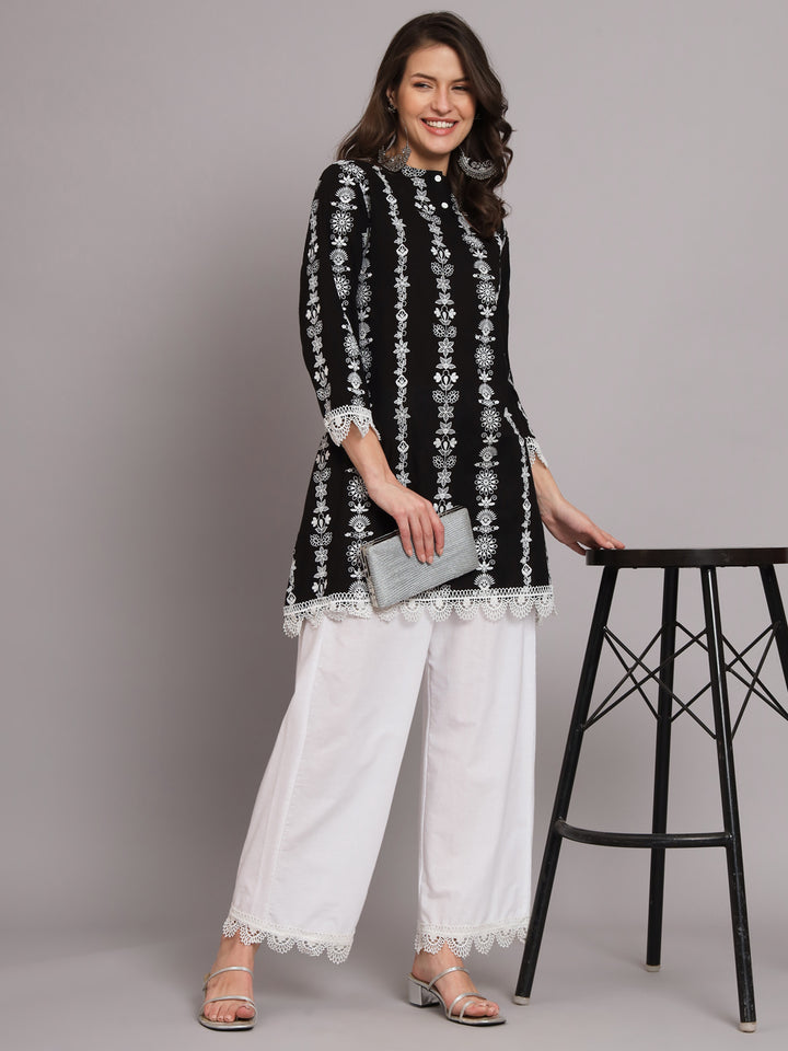 Women's Black Kurti with Threadwork Embedded with Embroidered Elastisized White Palazzo