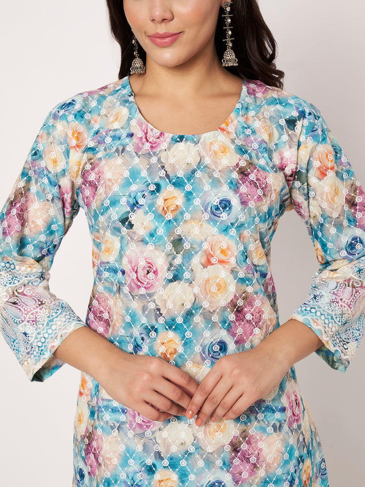 Women Floral Printed Kurti & Chikankari Pants Set