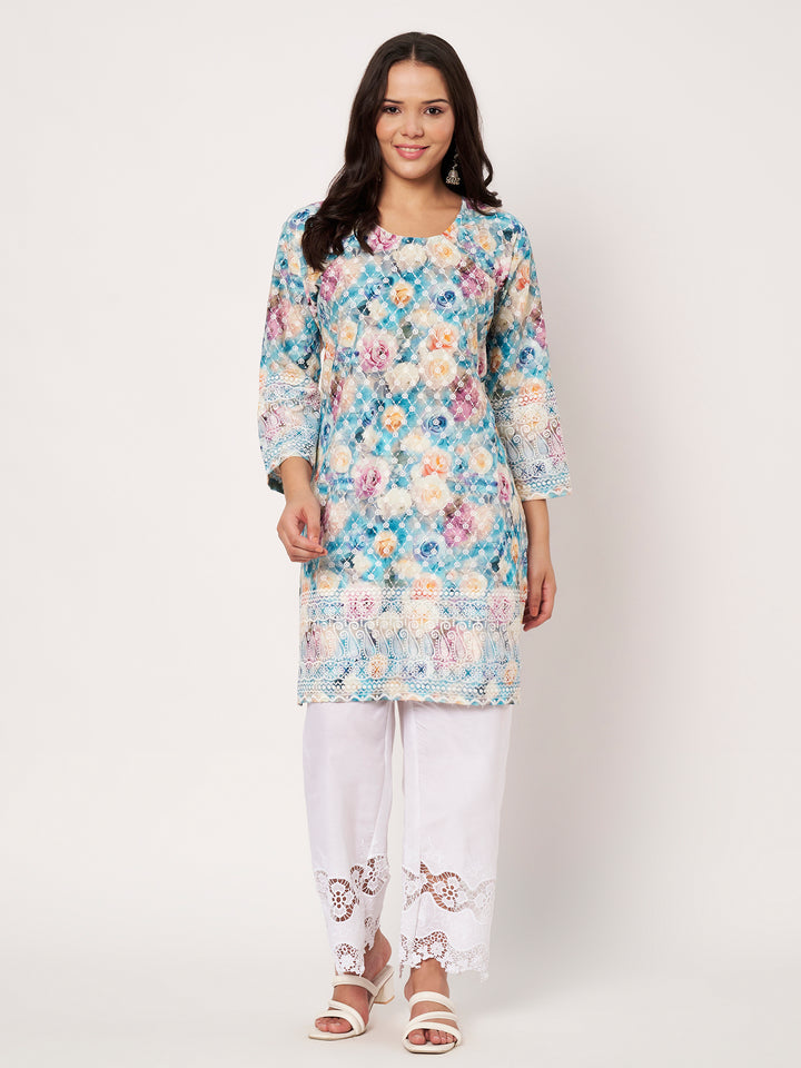 Women Floral Printed Kurti & Chikankari Pants Set