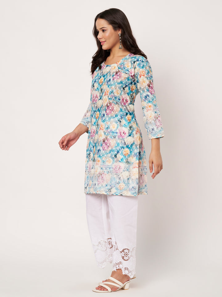 Women Floral Printed Kurti & Chikankari Pants Set