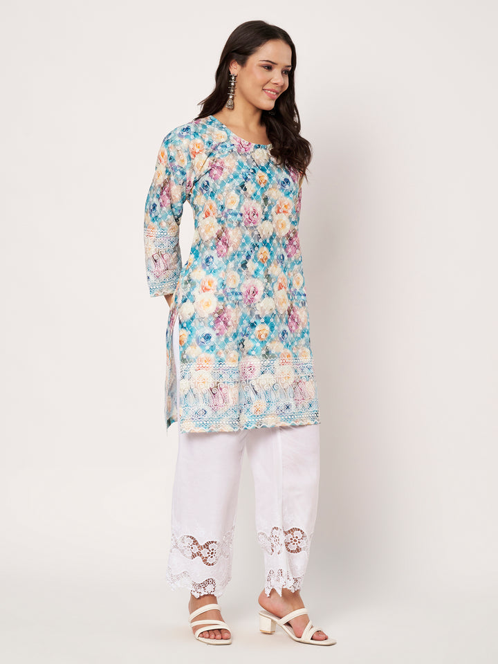 Women Floral Printed Kurti & Chikankari Pants Set