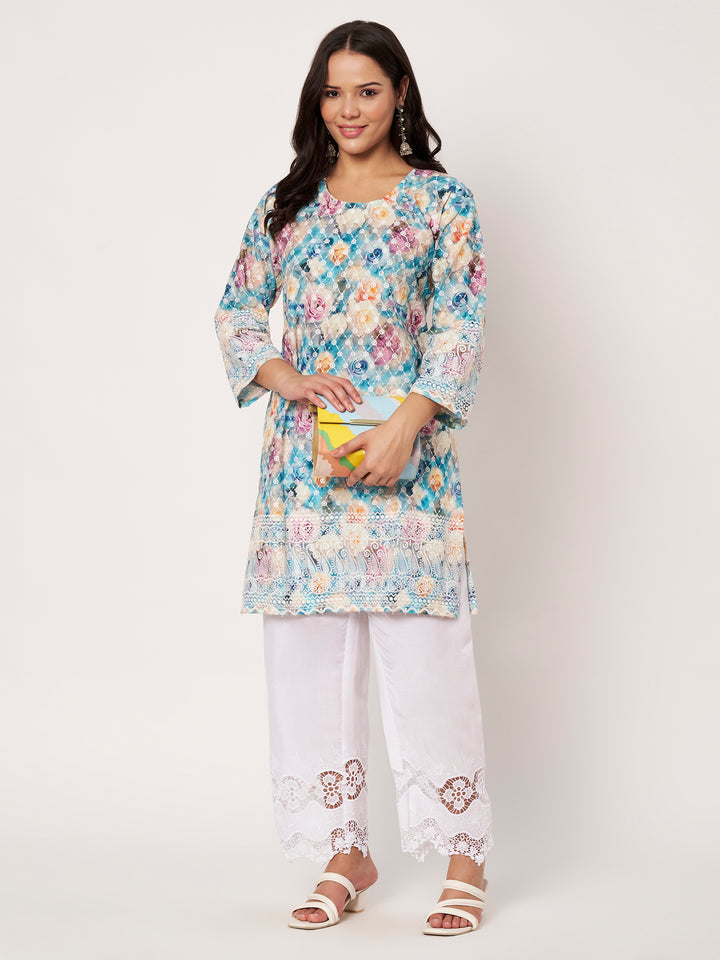 Women Floral Printed Kurti & Chikankari Pants Set