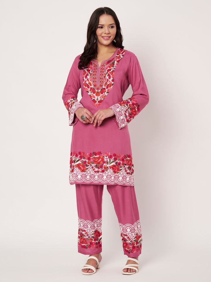 Women Floral Embroidered Kurta Palazzo Set