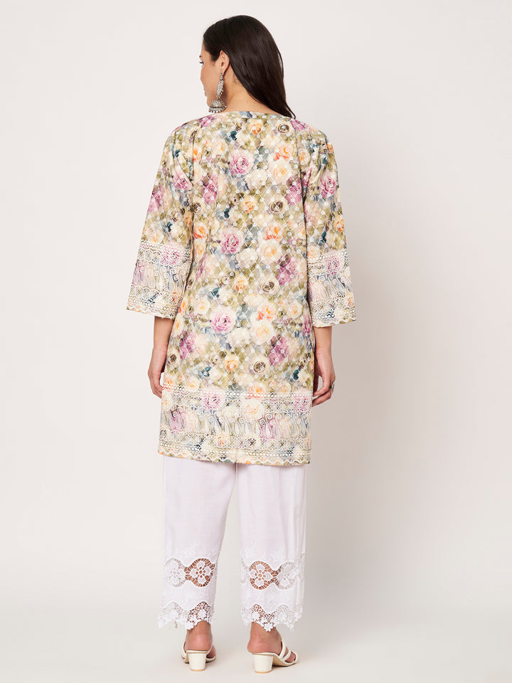 Women Floral Printed Kurti & Chikankari Pants Set