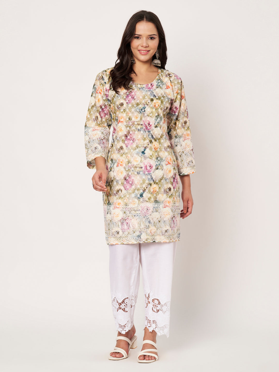 Women Floral Printed Kurti & Chikankari Pants Set