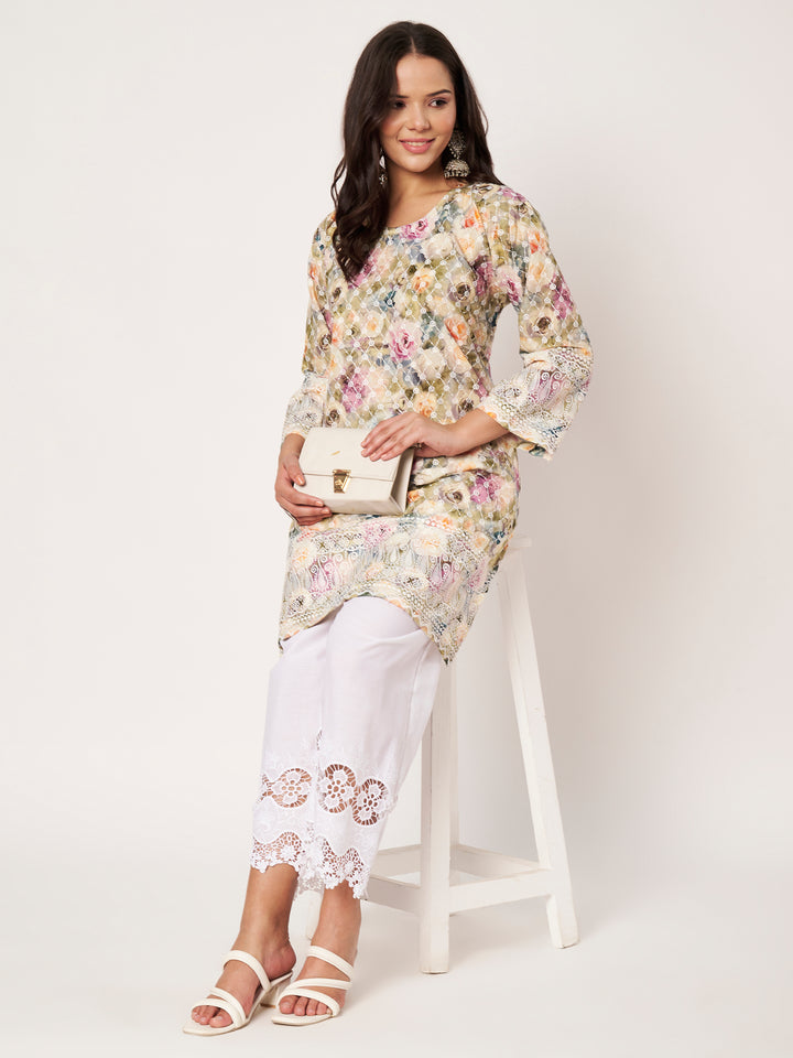 Women Floral Printed Kurti & Chikankari Pants Set