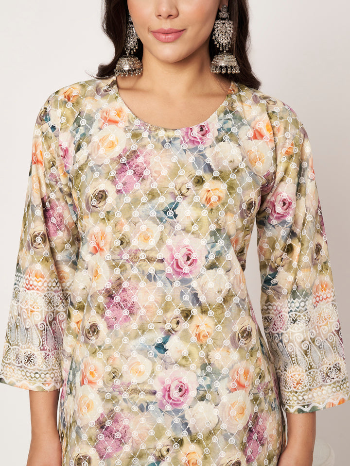 Women Floral Printed Kurti & Chikankari Pants Set