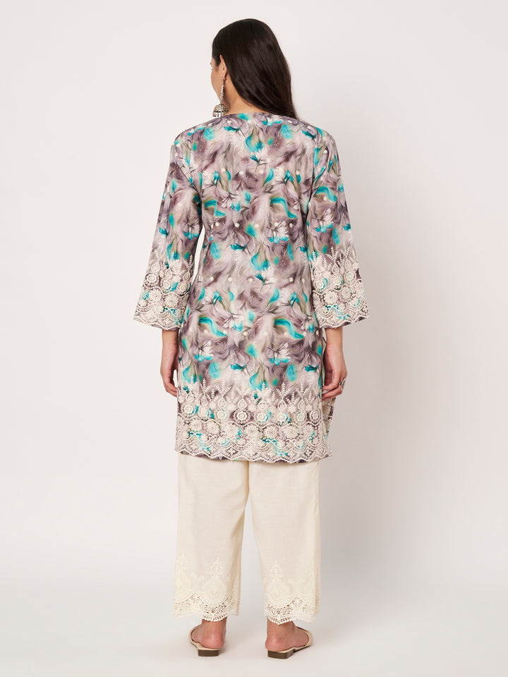 Women's Floral Printed Kurti & Lace Palazzo Set