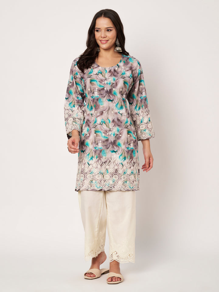 Women's Floral Printed Kurti & Lace Palazzo Set