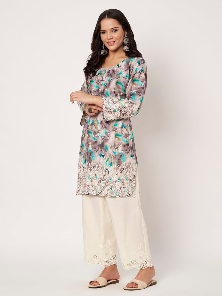 Women's Floral Printed Kurti & Lace Palazzo Set