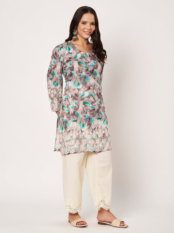 Women's Floral Printed Kurti & Lace Palazzo Set