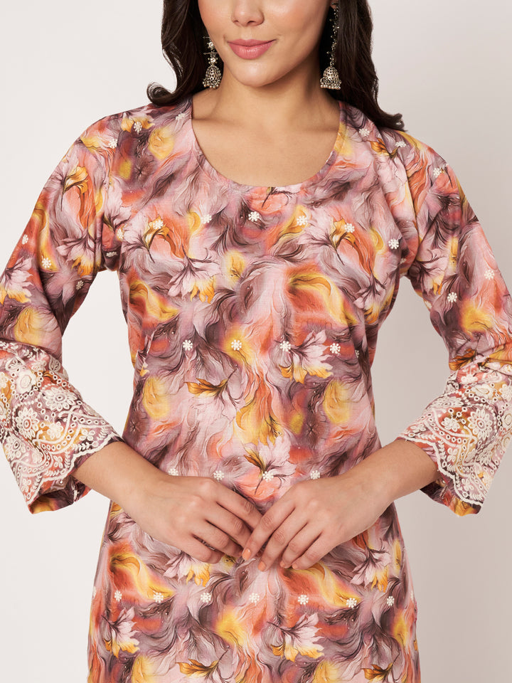 Women's Floral Printed Kurti & Lace Palazzo Set