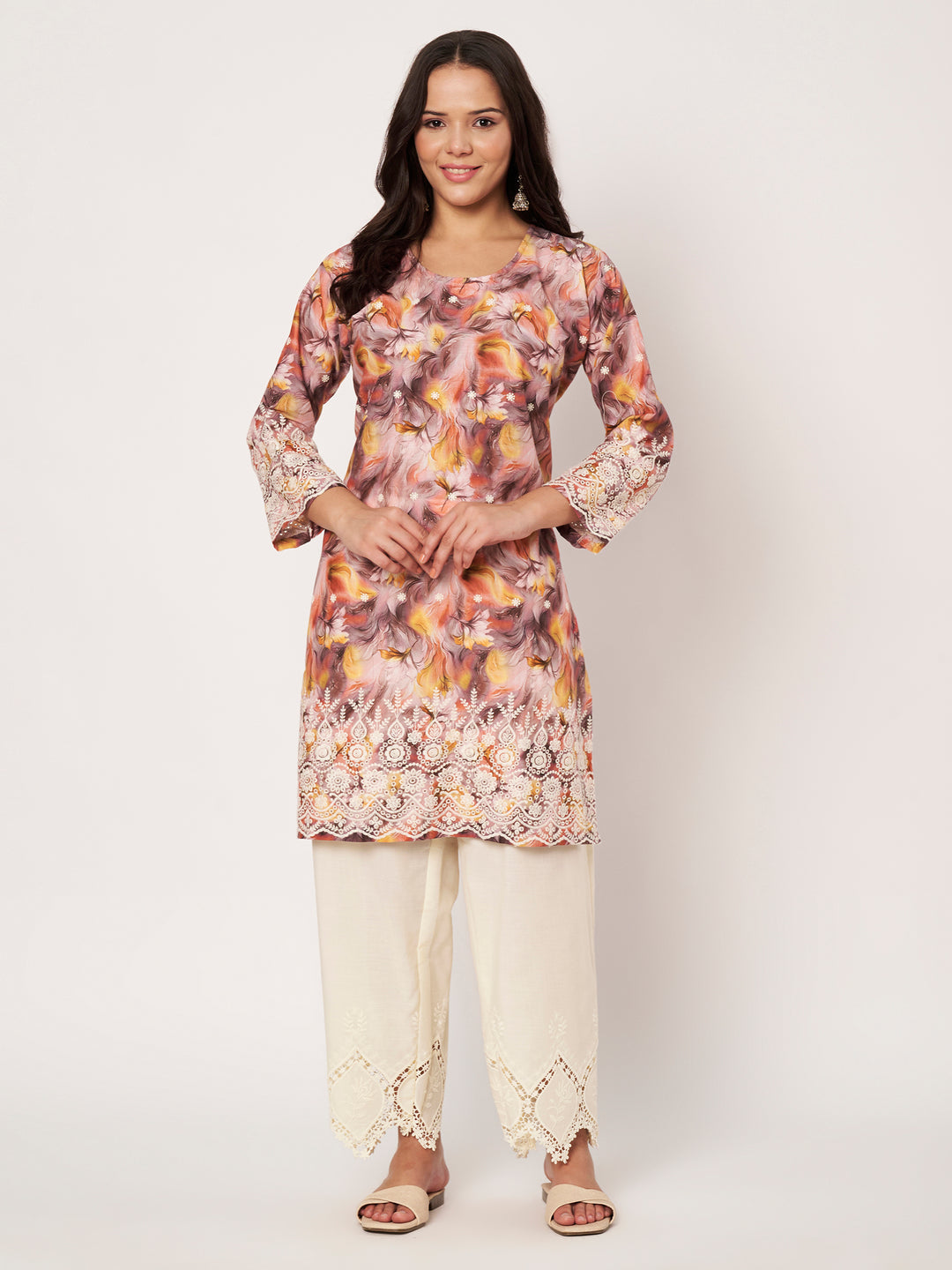 Women's Floral Printed Kurti & Lace Palazzo Set