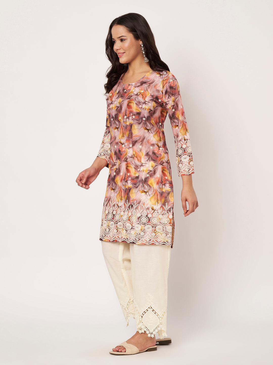 Women's Floral Printed Kurti & Lace Palazzo Set