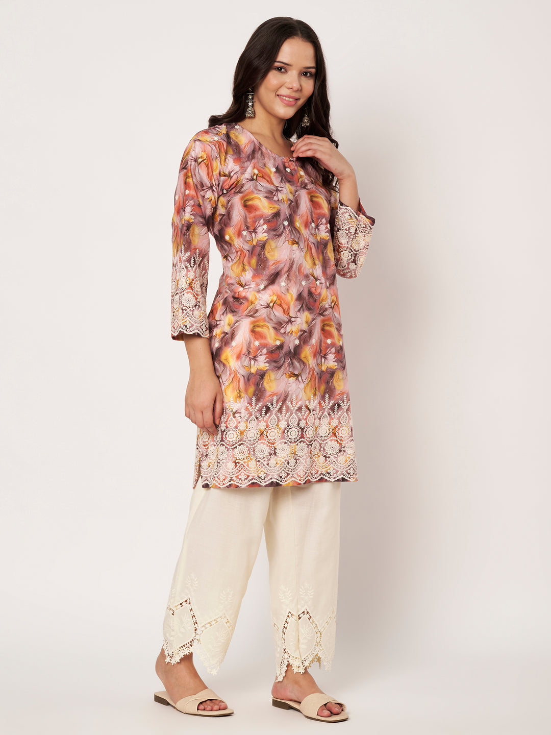 Women's Floral Printed Kurti & Lace Palazzo Set