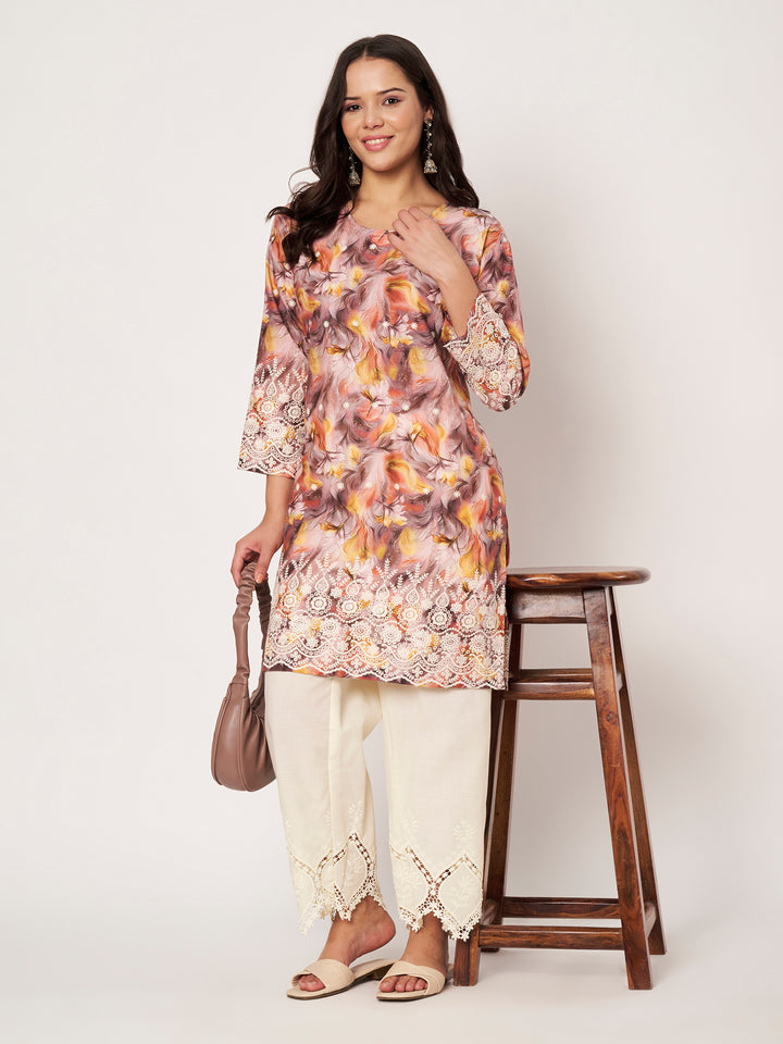 Women's Floral Printed Kurti & Lace Palazzo Set