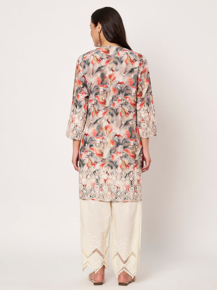 Women's Floral Printed Kurti & Lace Palazzo Set