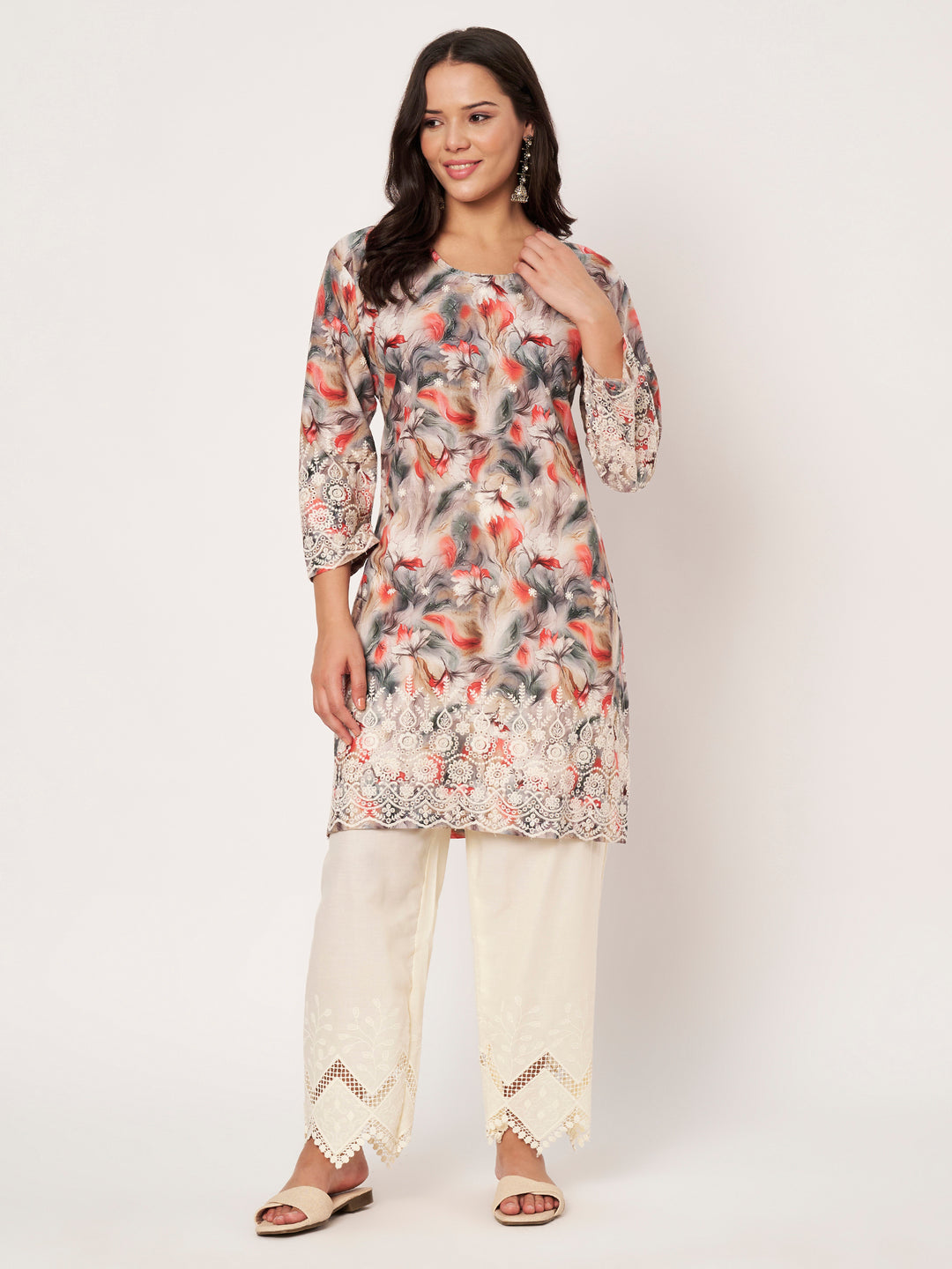 Women's Floral Printed Kurti & Lace Palazzo Set