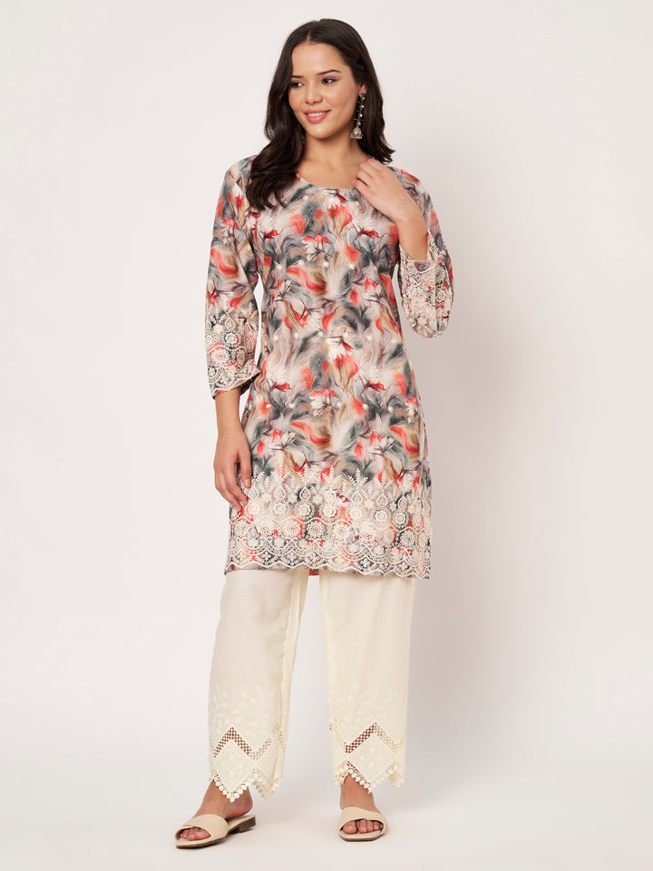 Women's Floral Printed Kurti & Lace Palazzo Set