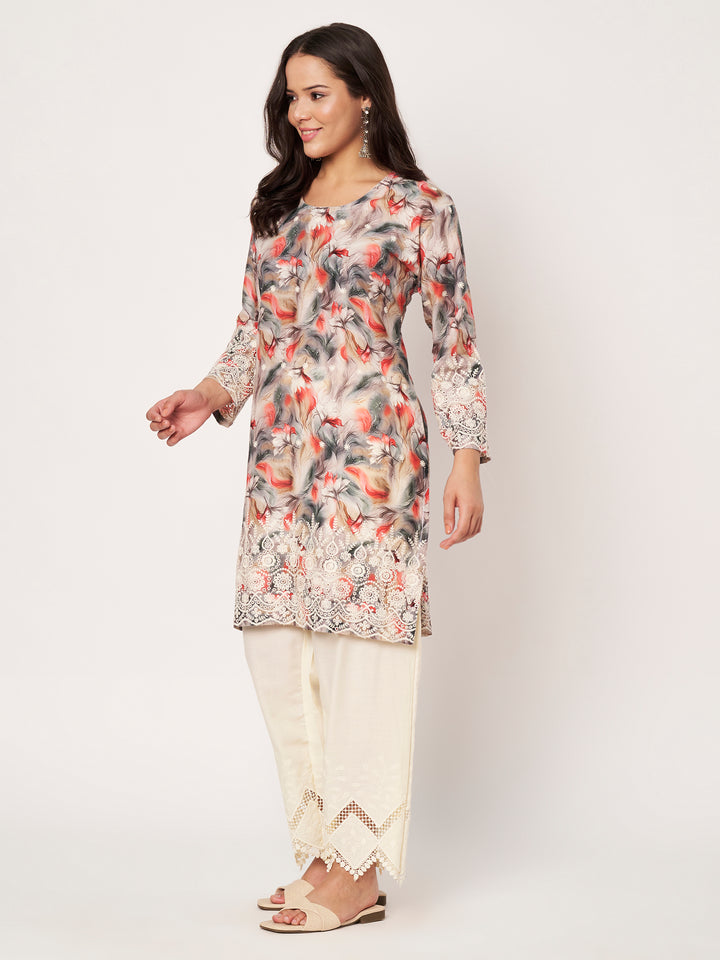 Women's Floral Printed Kurti & Lace Palazzo Set