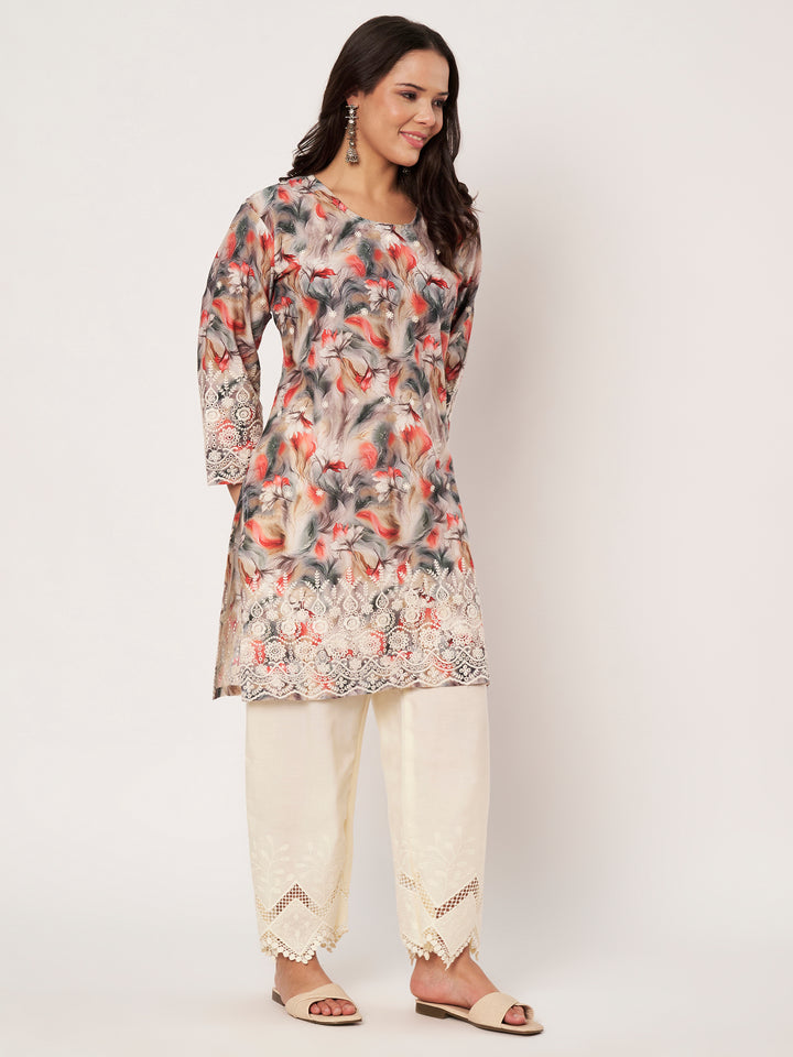 Women's Floral Printed Kurti & Lace Palazzo Set