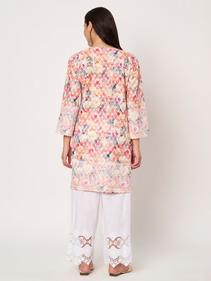 Women Floral Printed Kurti & Chikankari Pants Set