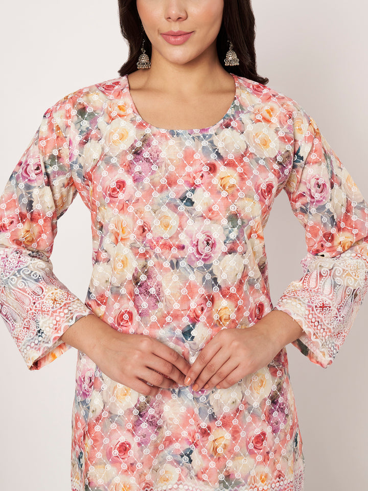 Women Floral Printed Kurti & Chikankari Pants Set
