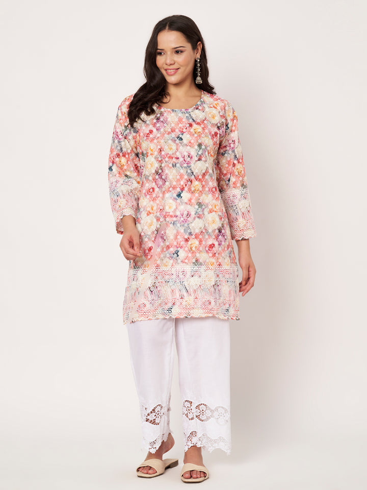 Women Floral Printed Kurti & Chikankari Pants Set