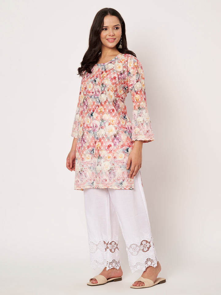 Women Floral Printed Kurti & Chikankari Pants Set