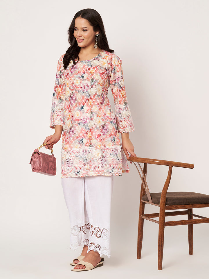Women Floral Printed Kurti & Chikankari Pants Set