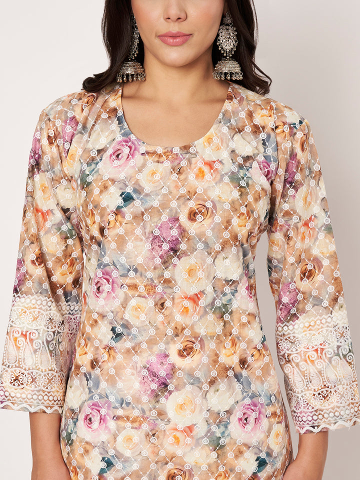 Women Floral Printed Kurti & Chikankari Pants Set