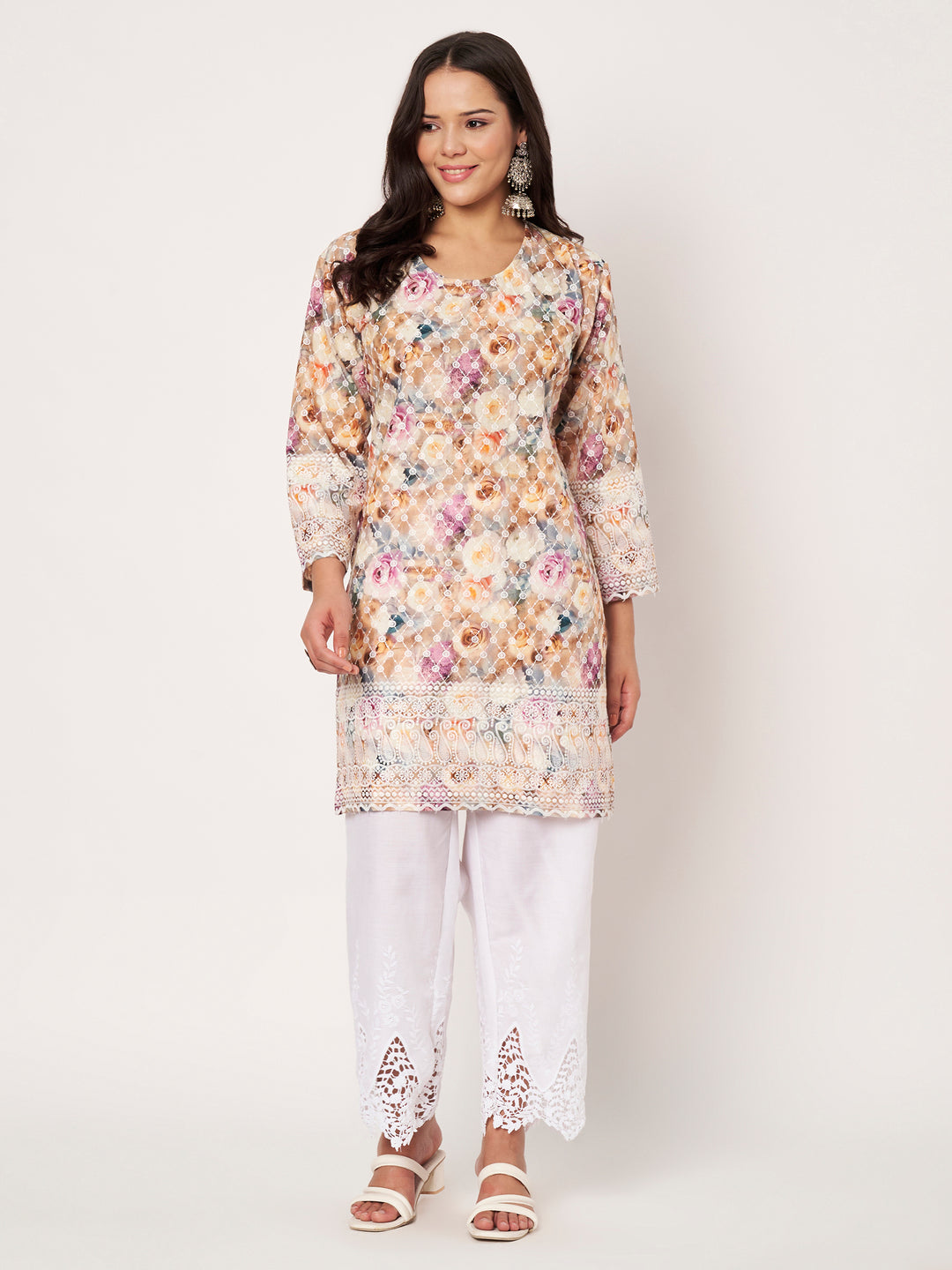 Women Floral Printed Kurti & Chikankari Pants Set
