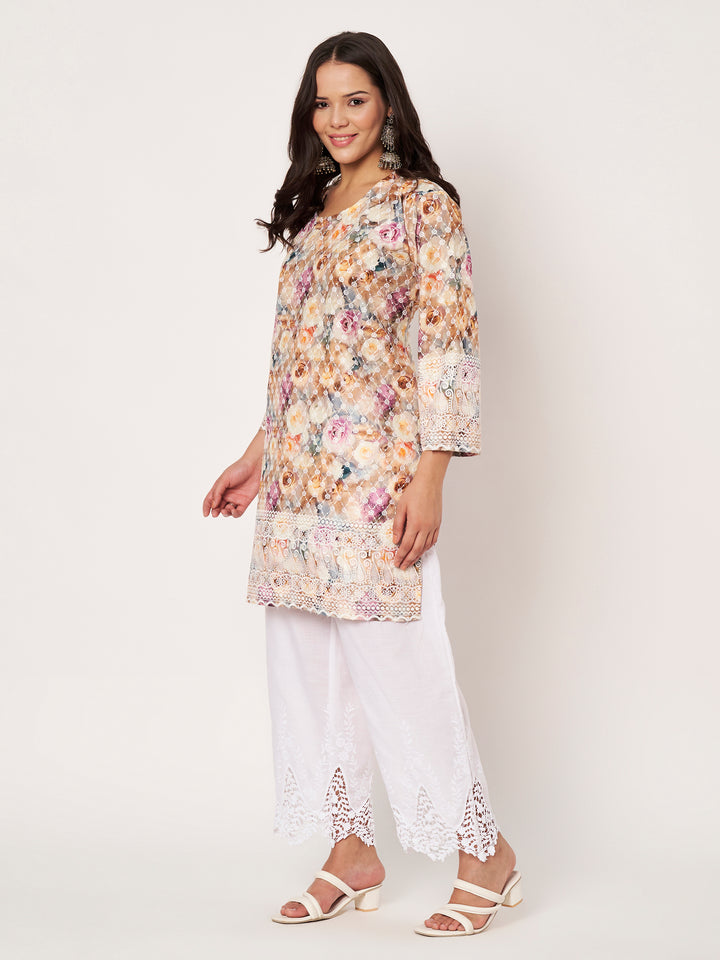 Women Floral Printed Kurti & Chikankari Pants Set