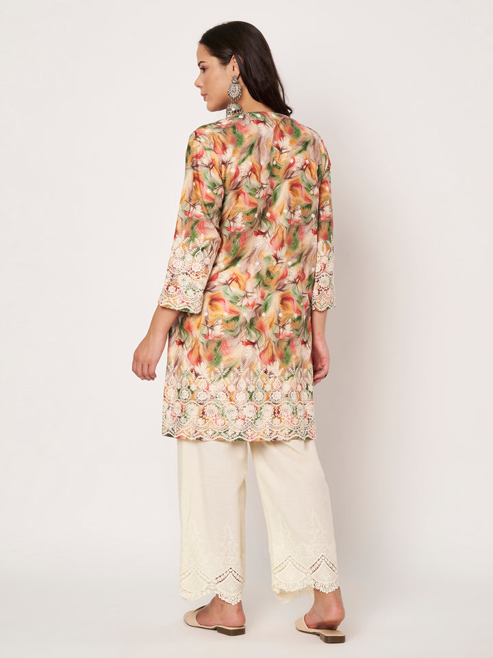Women's Floral Printed Kurti & Lace Palazzo Set