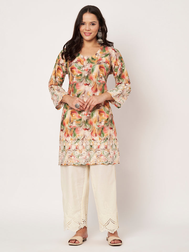 Women's Floral Printed Kurti & Lace Palazzo Set