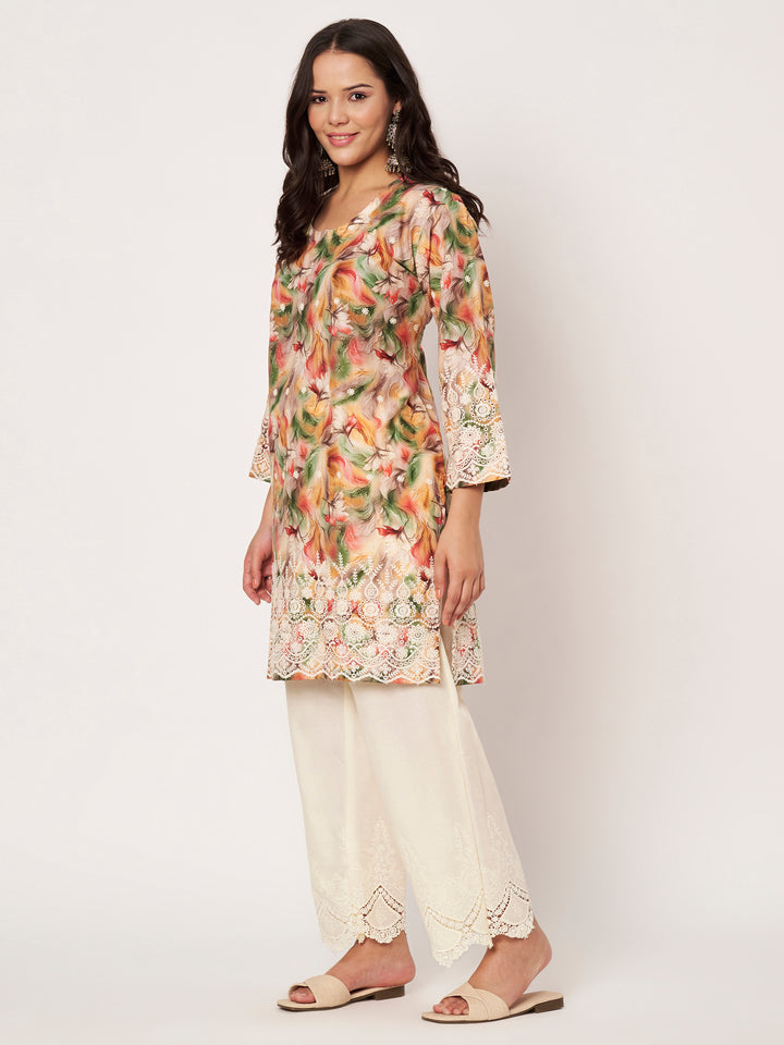 Women's Floral Printed Kurti & Lace Palazzo Set