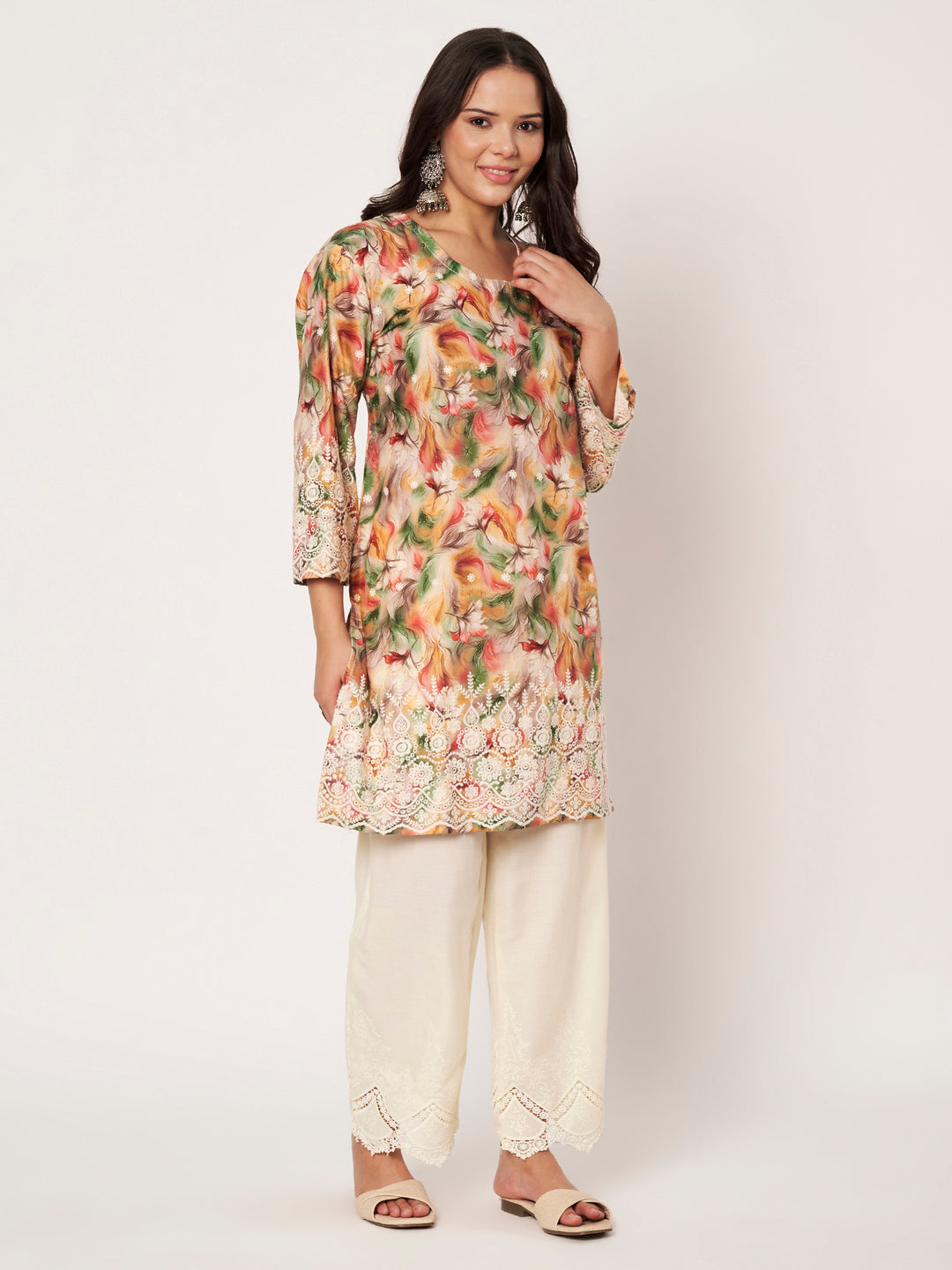 Women's Floral Printed Kurti & Lace Palazzo Set