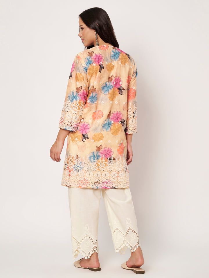 Peach Floral Printed Kurti with Lace Palazzo Set